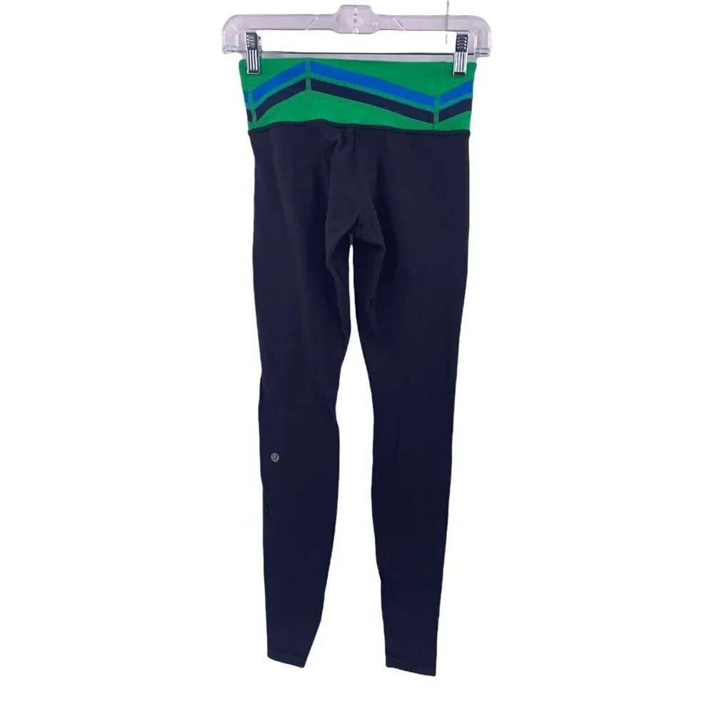 Lululemon Black Green Blue Waistband Reversible Leggings Size 2